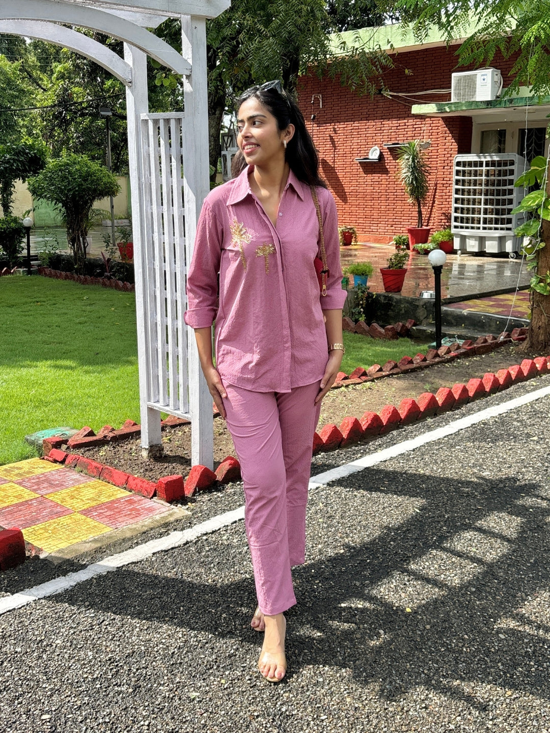 Italian Crepe Pink Palm Tree Co-Ord Set