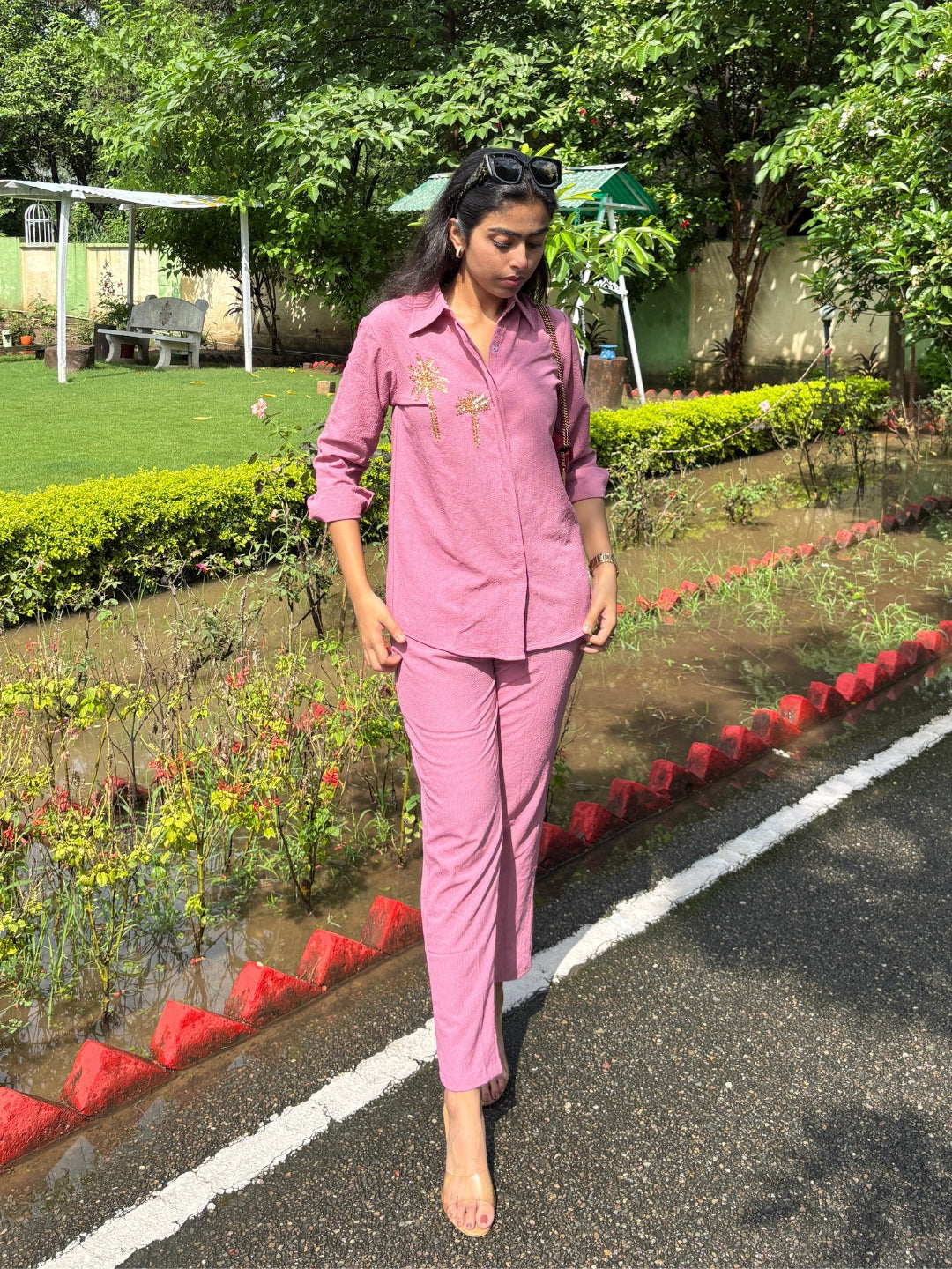 Italian Crepe Pink Palm Tree Co-Ord Set