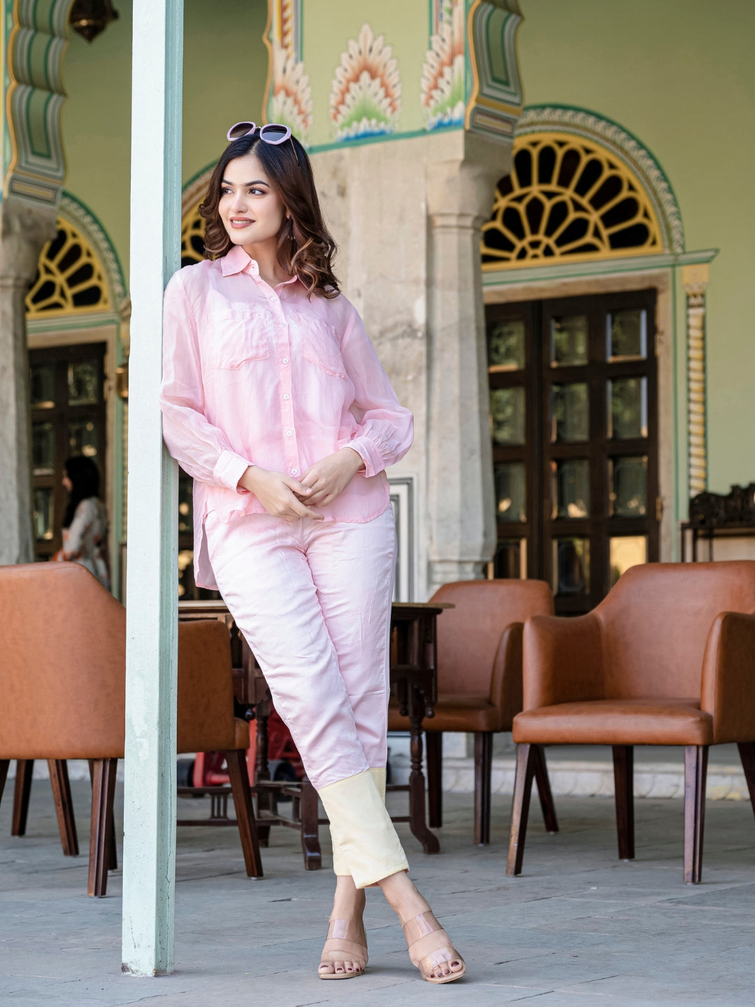 Baby Pink And Yellow Organza 3 Piece Co-Ord Set