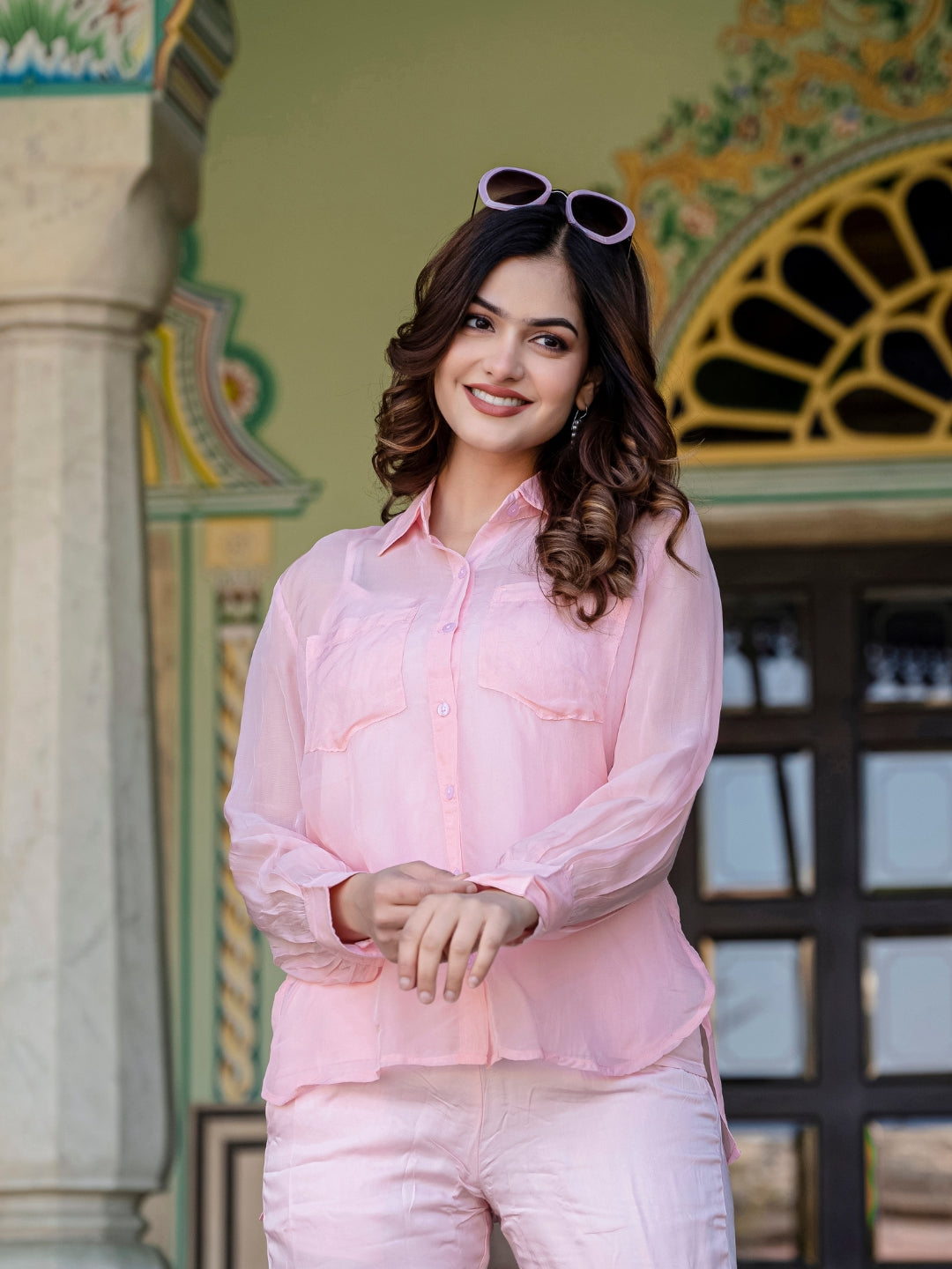 Baby Pink And Yellow Organza 3 Piece Co-Ord Set