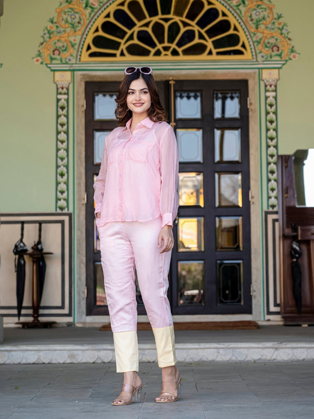 Baby Pink And Yellow Organza 3 Piece Co-Ord Set