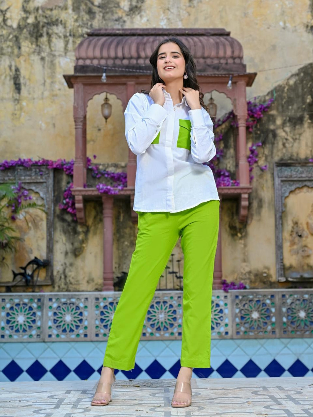 Textured Green And White 2 Pockets Co-Ord Set