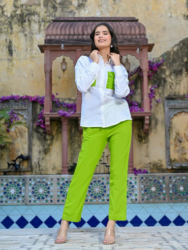 Textured Green And White 2 Pockets Co-Ord Set