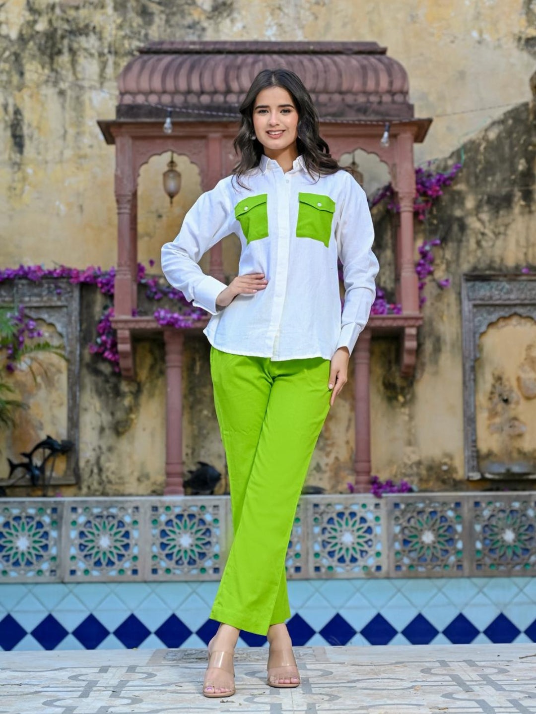 Textured Green And White 2 Pockets Co-Ord Set