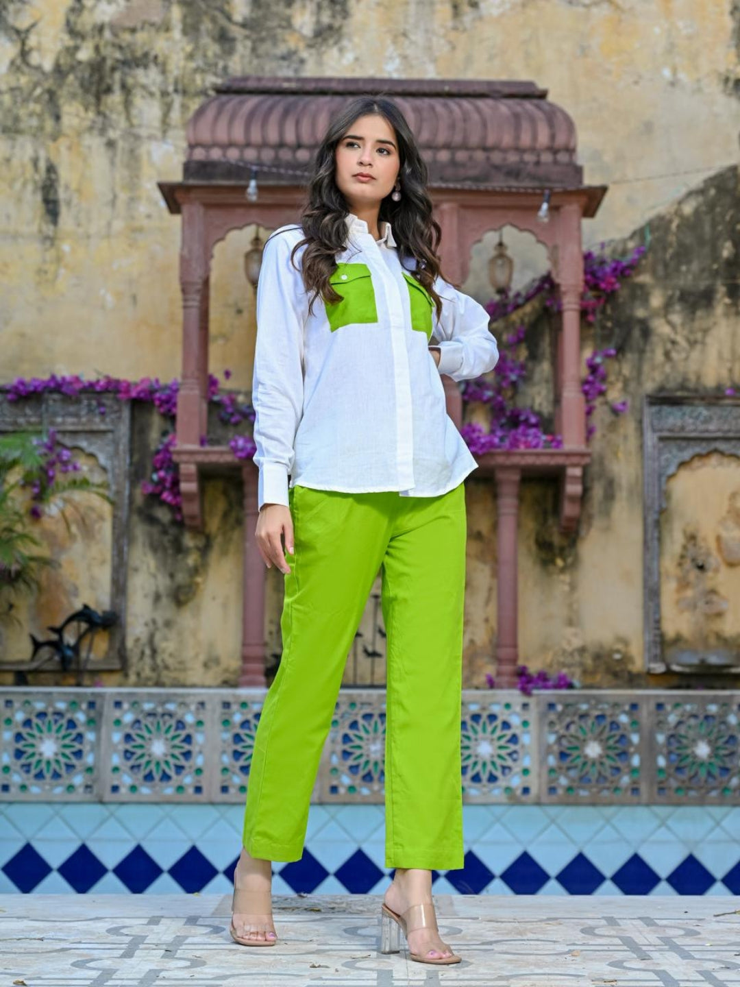 Textured Green And White 2 Pockets Co-Ord Set