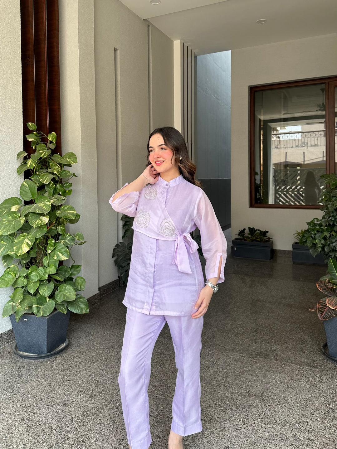 Lilac Summer Silk Co-ord Set With Cutwork Detailing