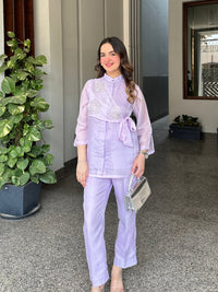 Lilac Summer Silk Co-ord Set With Cutwork Detailing