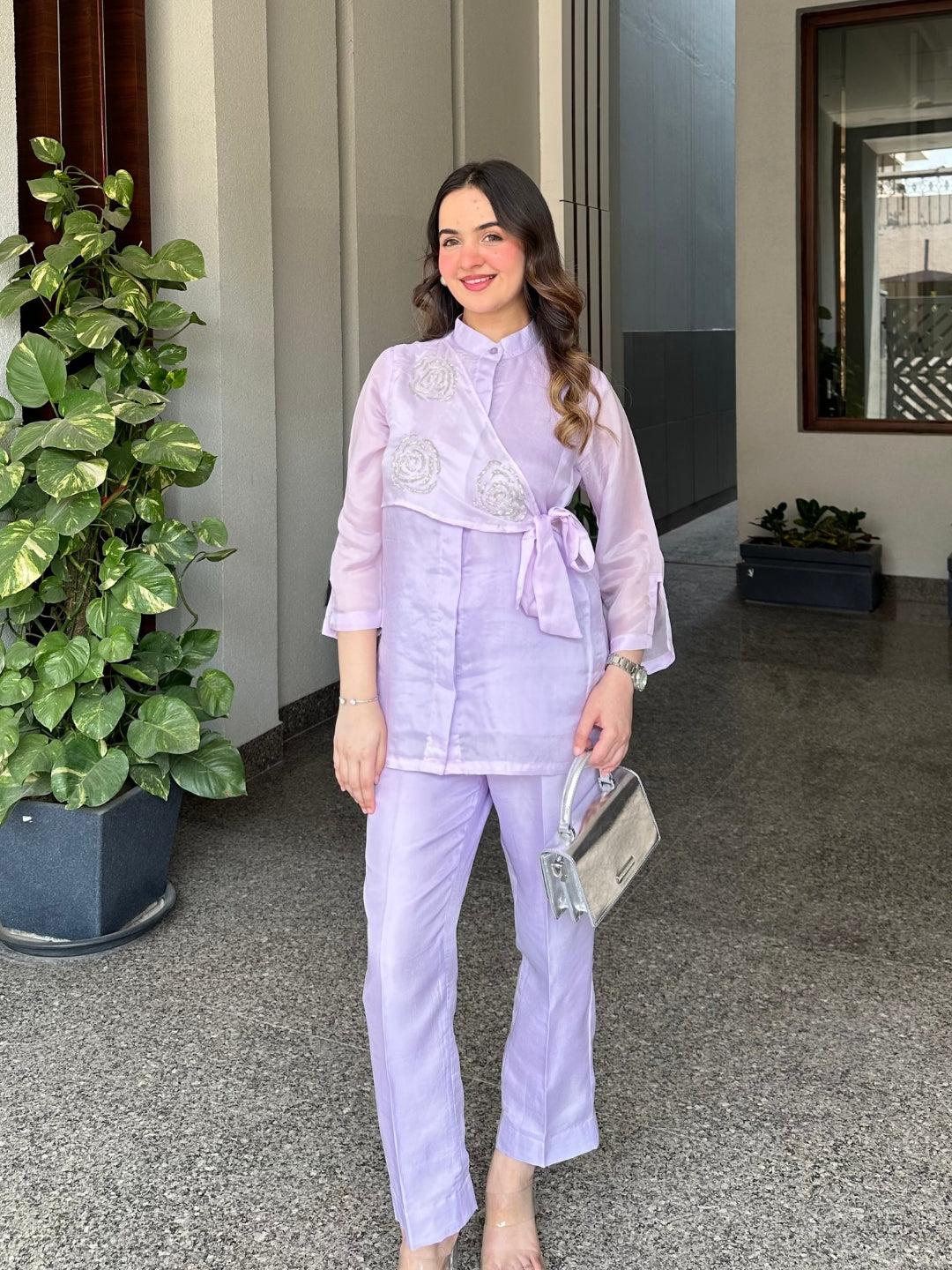 Lilac Summer Silk Co-ord Set With Cutwork Detailing