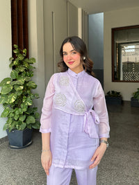 Lilac Summer Silk Co-ord Set With Cutwork Detailing