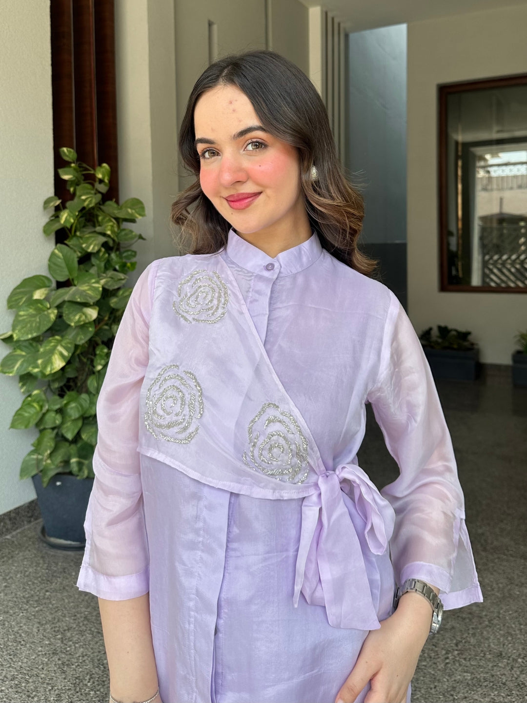 Lilac Summer Silk Co-ord Set With Cutwork Detailing