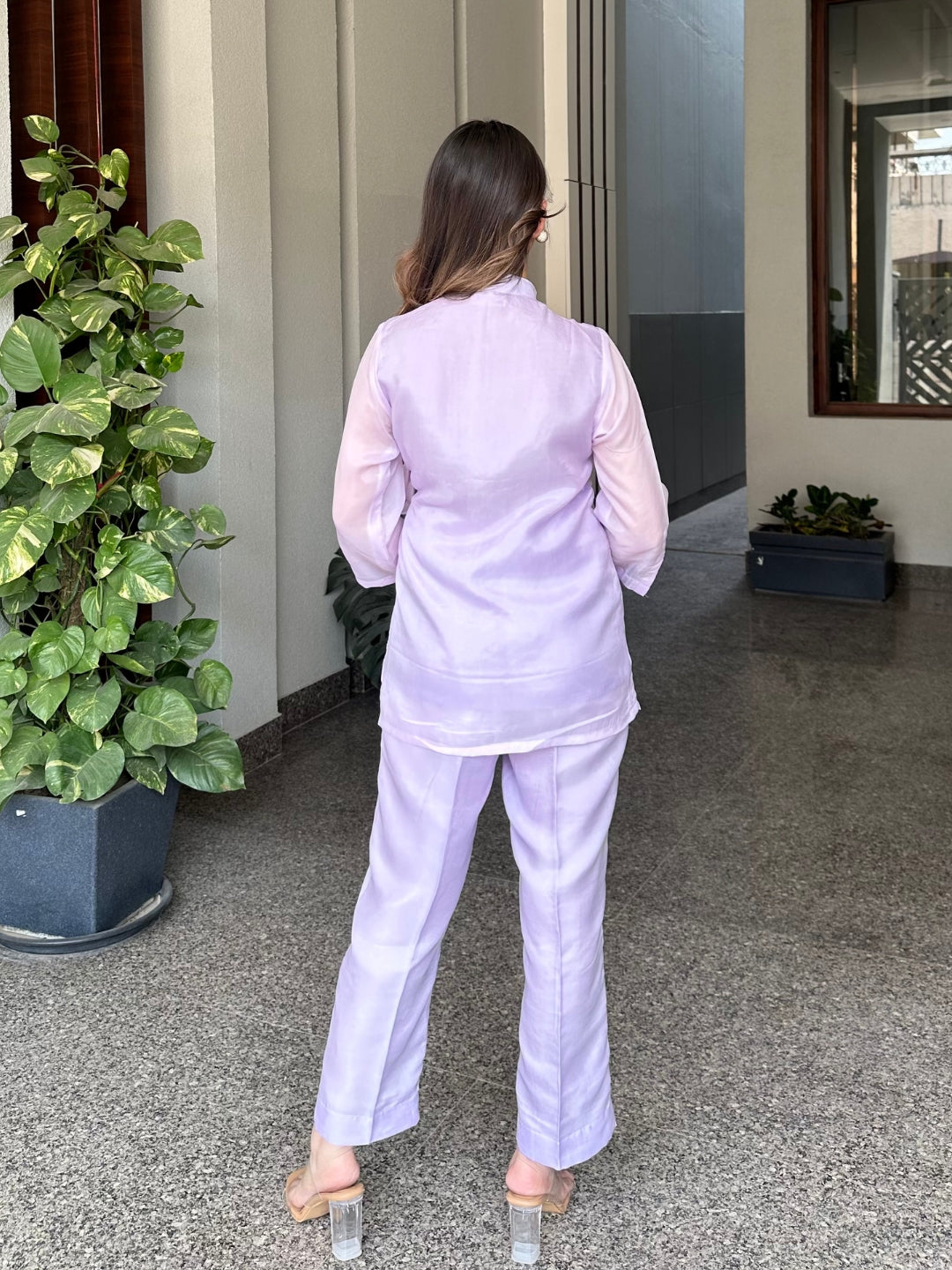 Lilac Summer Silk Co-ord Set With Cutwork Detailing