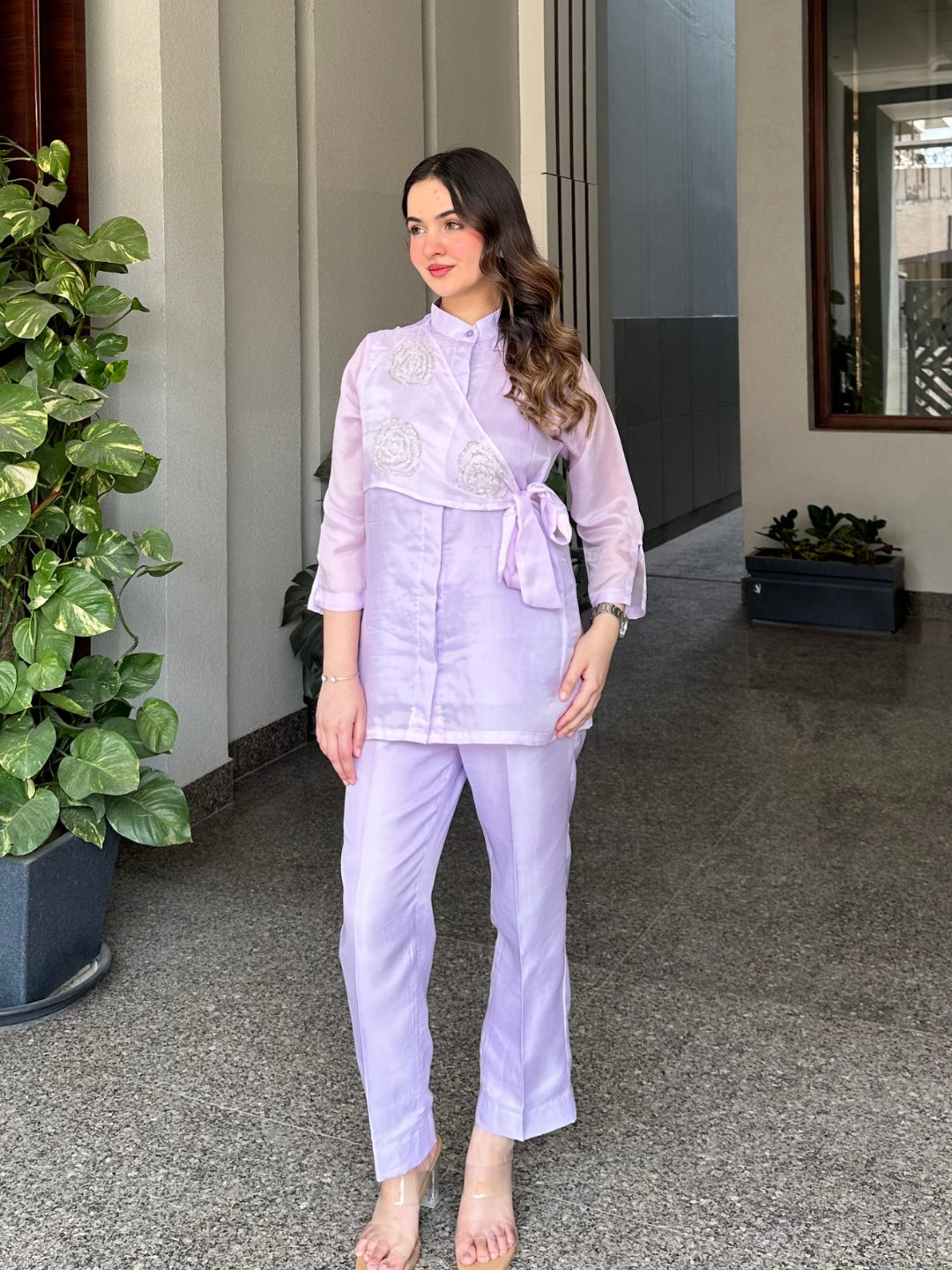 Lilac Summer Silk Co-ord Set With Cutwork Detailing