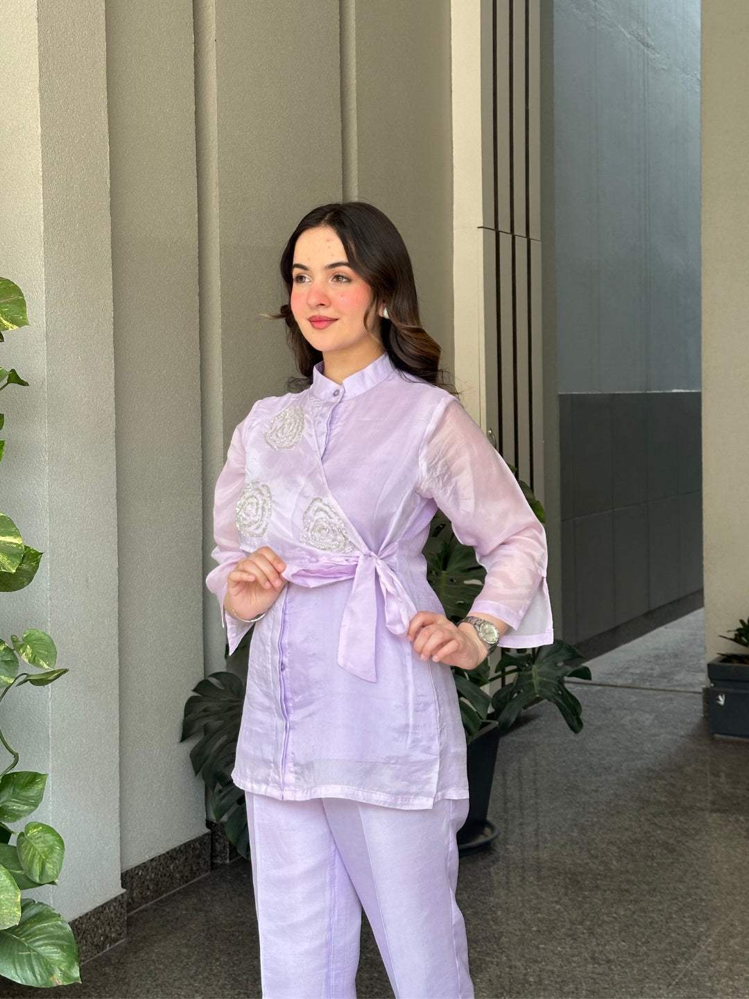 Lilac Summer Silk Co-ord Set With Cutwork Detailing