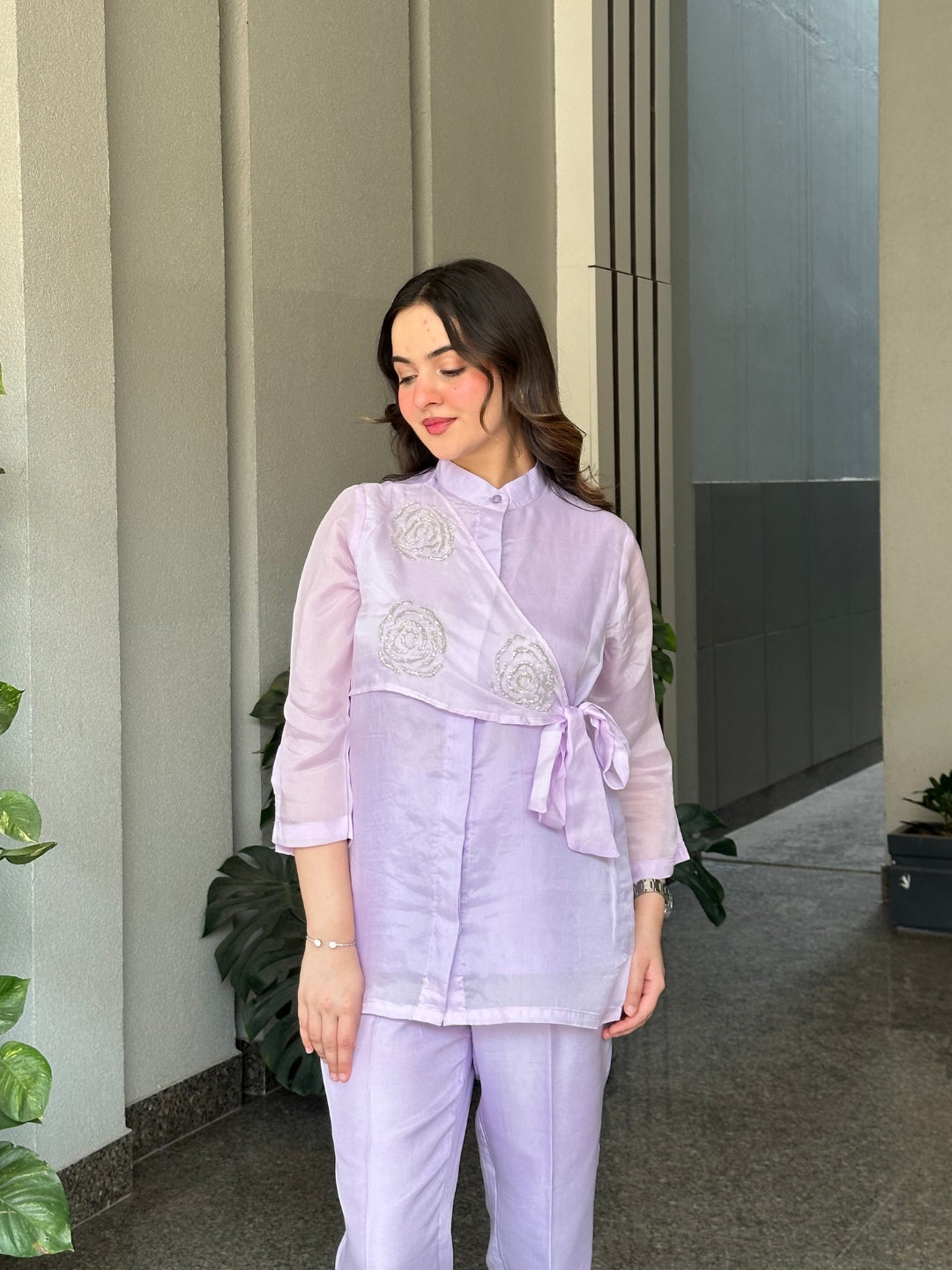 Lilac Summer Silk Co-ord Set With Cutwork Detailing