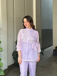 Lilac Summer Silk Co-ord Set With Cutwork Detailing