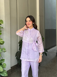 Lilac Summer Silk Co-ord Set With Cutwork Detailing