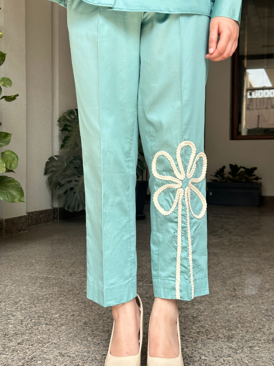 Sea Green Italian Cotton Co-ord Set With Lace detaling