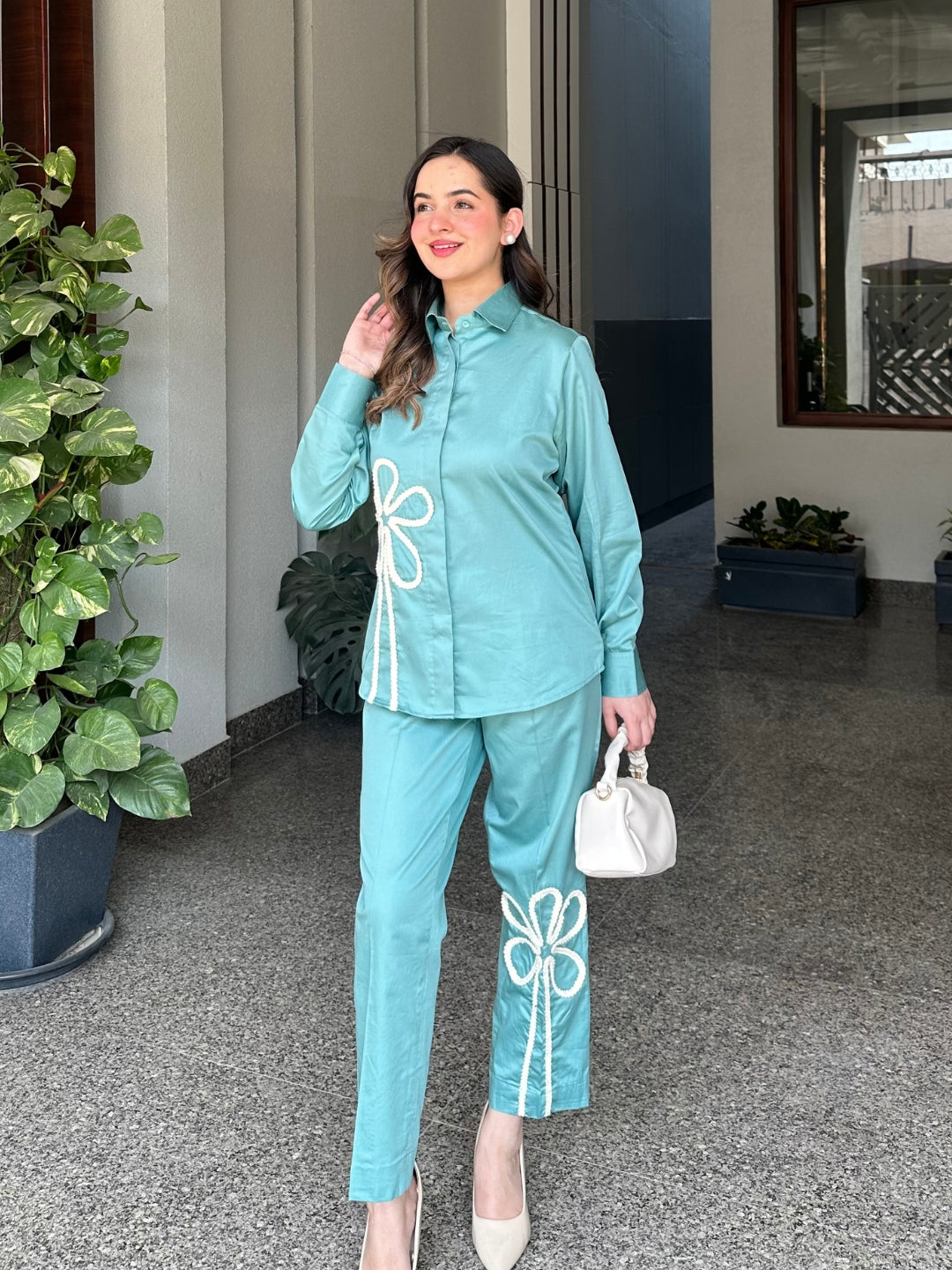 Sea Green Italian Cotton Co-ord Set With Lace detaling