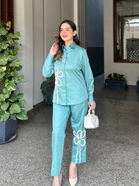 Sea Green Italian Cotton Co-ord Set With Lace detaling