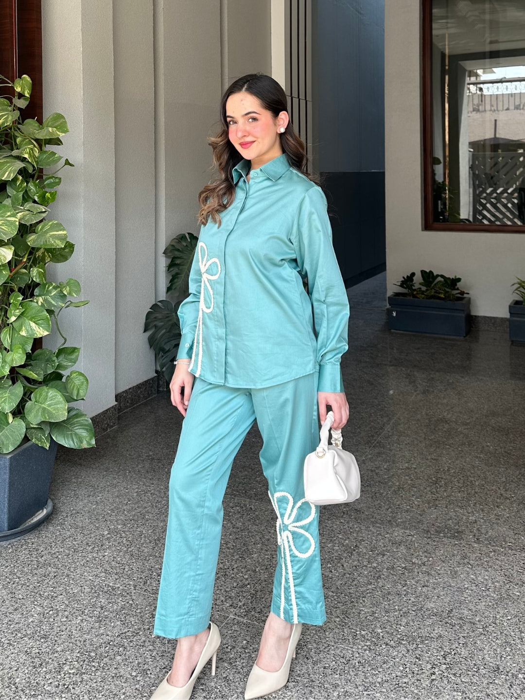 Sea Green Italian Cotton Co-ord Set With Lace detaling