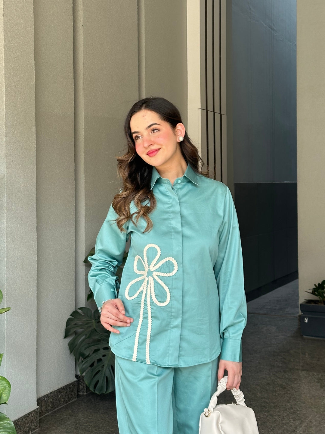 Sea Green Italian Cotton Co-ord Set With Lace detaling