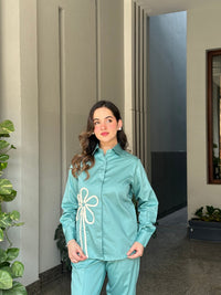 Sea Green Italian Cotton Co-ord Set With Lace detaling