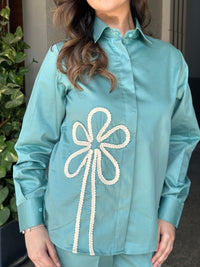 Sea Green Italian Cotton Co-ord Set With Lace detaling