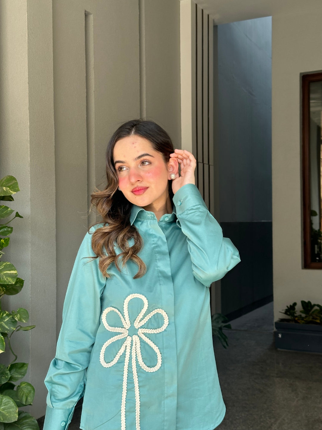 Sea Green Italian Cotton Co-ord Set With Lace detaling