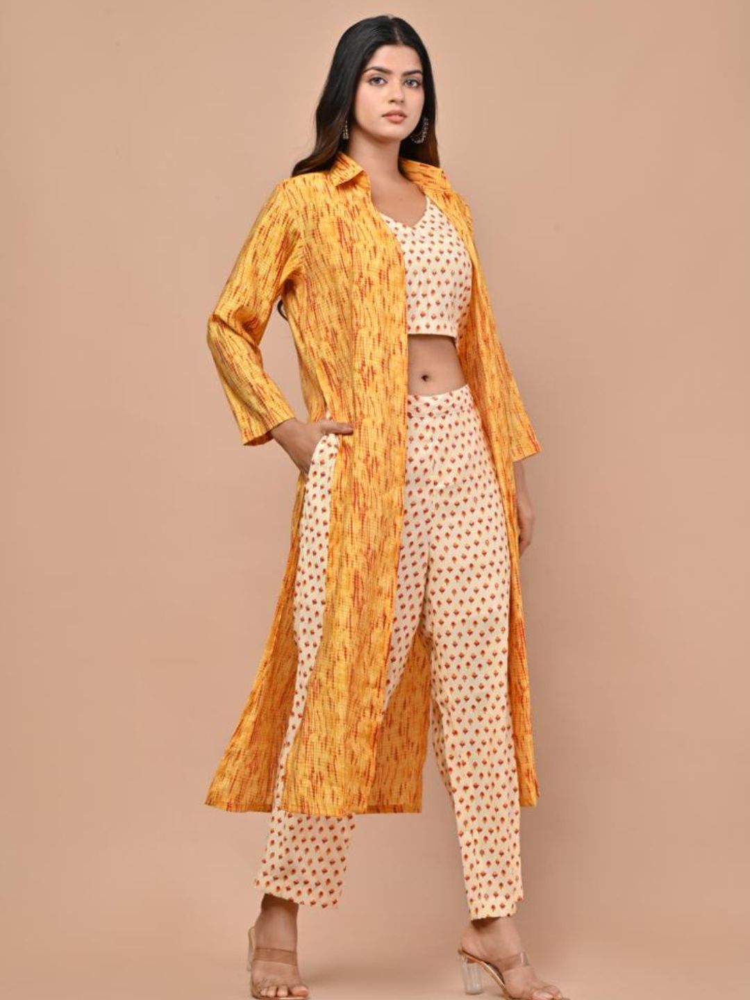 Yellow Shibori Printed Co-ord Set With Shrug