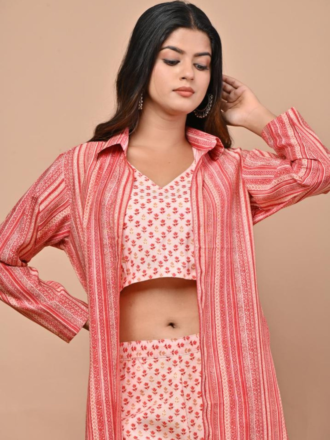Pink Printed Co-ord Set With Shrug