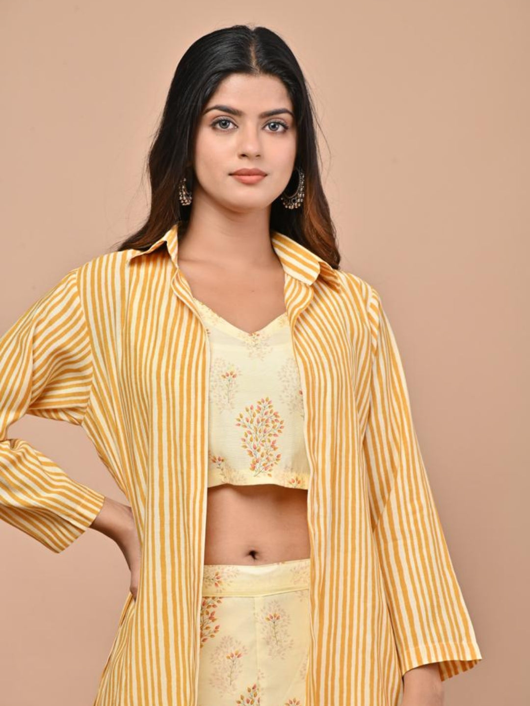 Yellow Printed Co-ord Set With Shrug