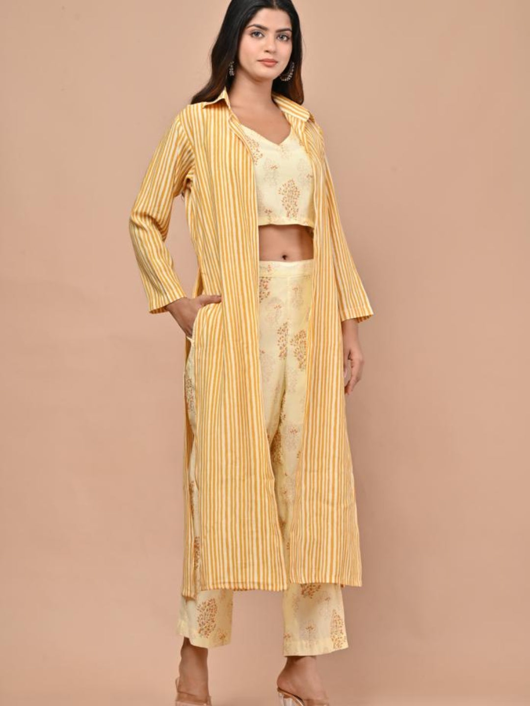Yellow Printed Co-ord Set With Shrug