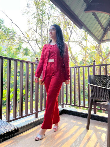Red Open Shirt With Crop Top Co-ord Set