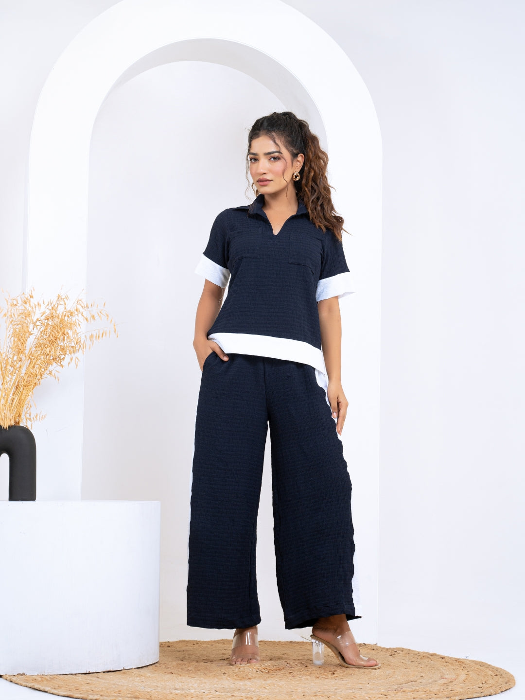 Pop Jacquard Navy Blue With White Detail Co-Ord Set