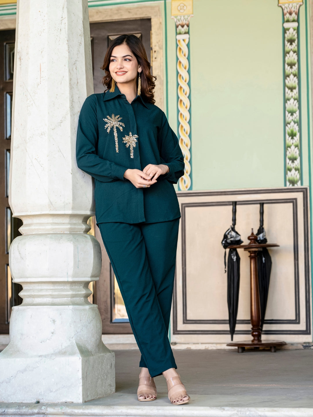 Italian Crepe Bottle Green Palm Tree Co-Ord Set