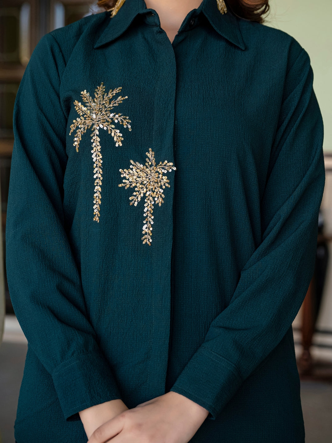 Italian Crepe Bottle Green Palm Tree Co-Ord Set