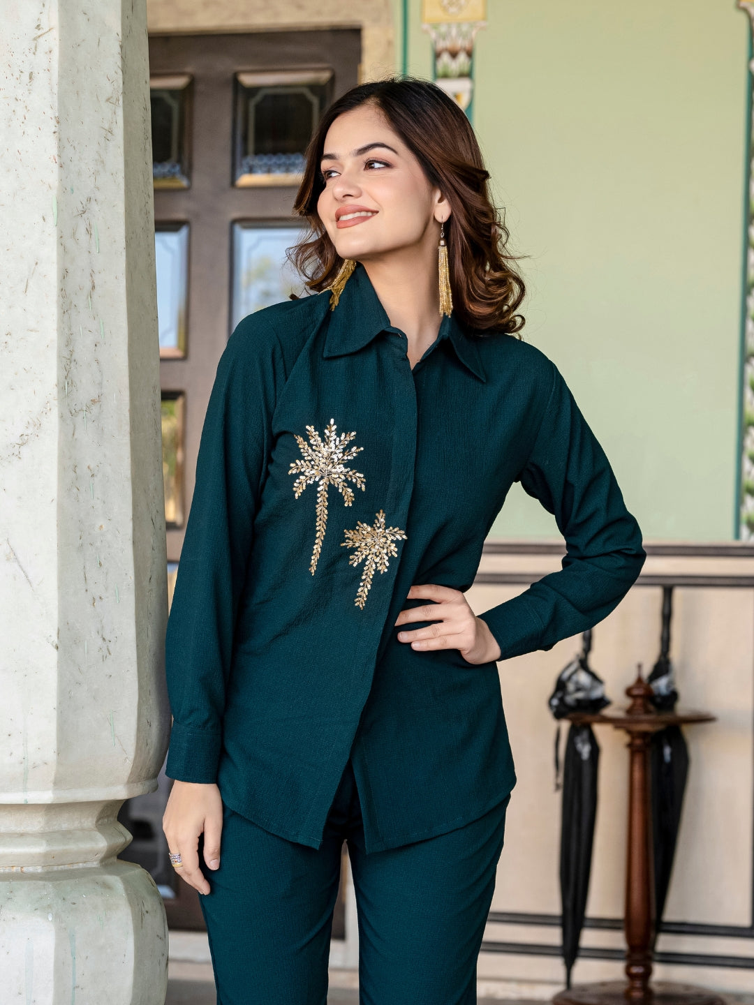 Italian Crepe Bottle Green Palm Tree Co-Ord Set