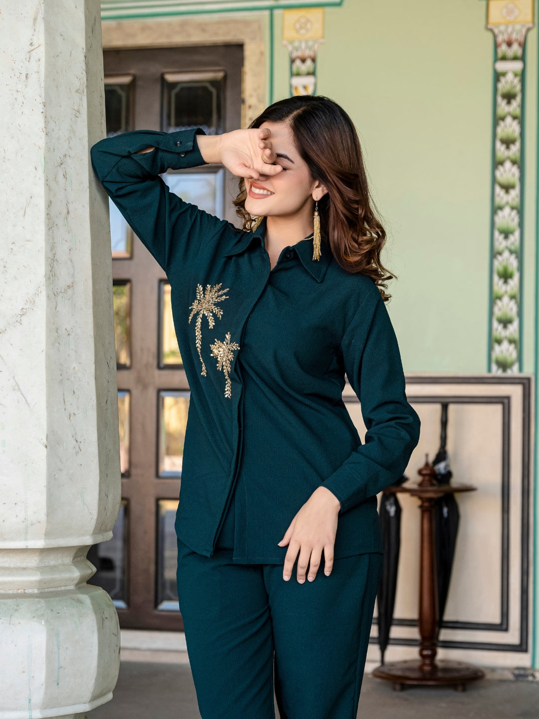 Italian Crepe Bottle Green Palm Tree Co-Ord Set