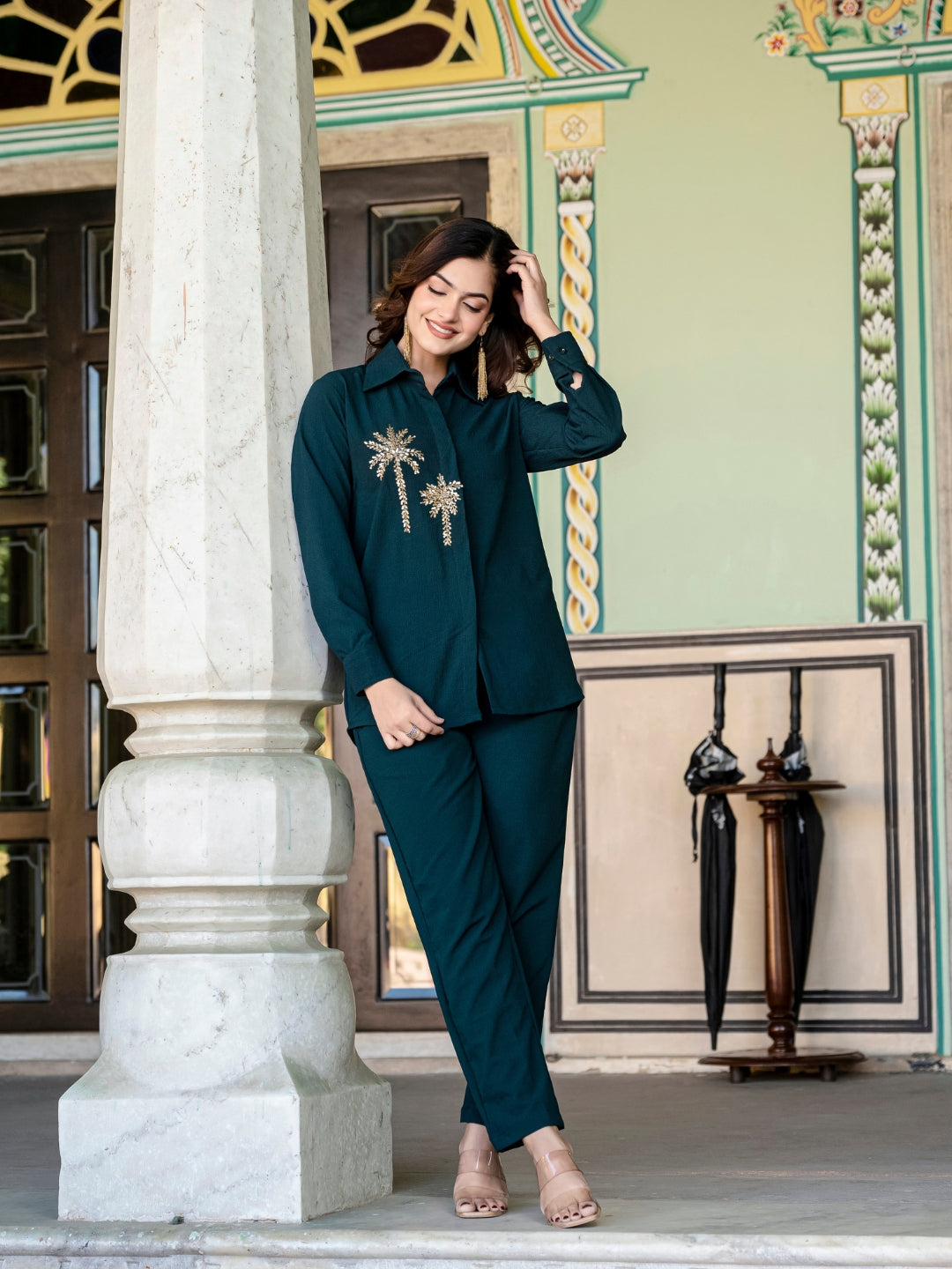 Italian Crepe Bottle Green Palm Tree Co-Ord Set