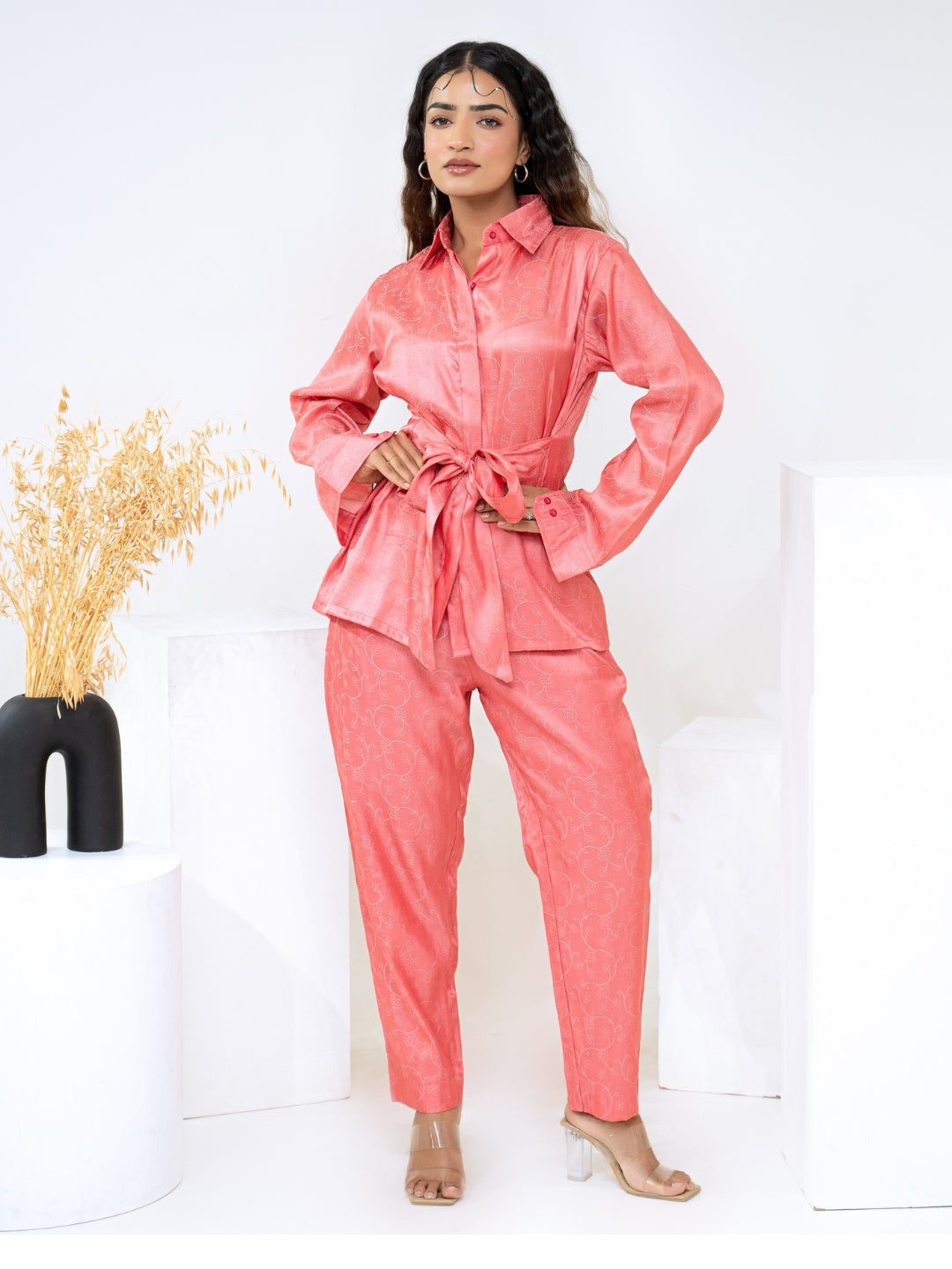 Tussar Jacquard Pink Co-Ord Set