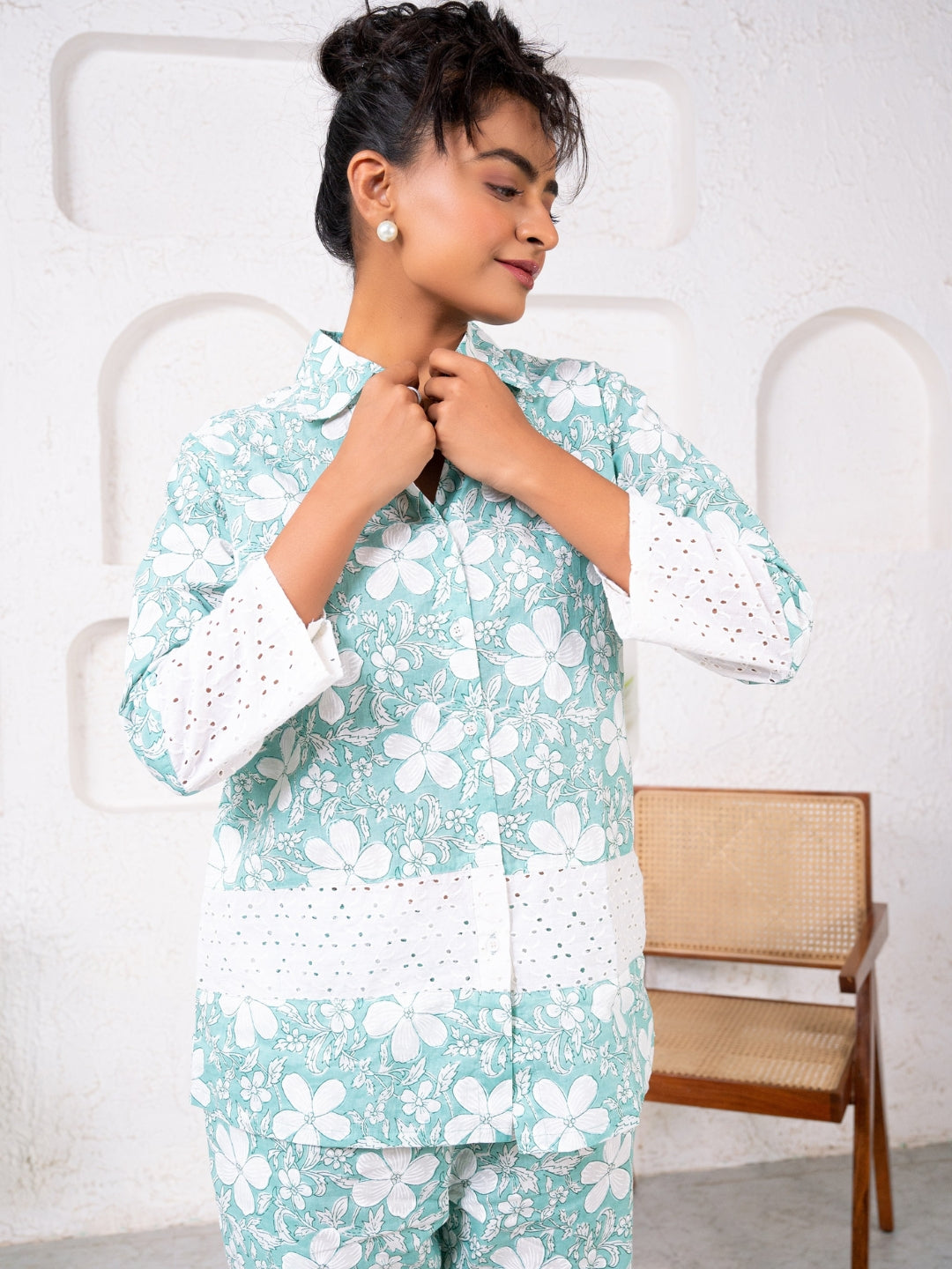 Cotton Printed Green With Shiffli Detailing Co-Ord Set