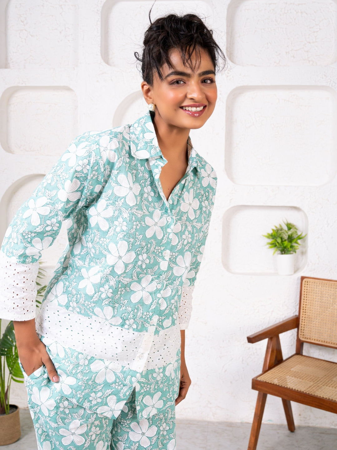 Cotton Printed Green With Shiffli Detailing Co-Ord Set