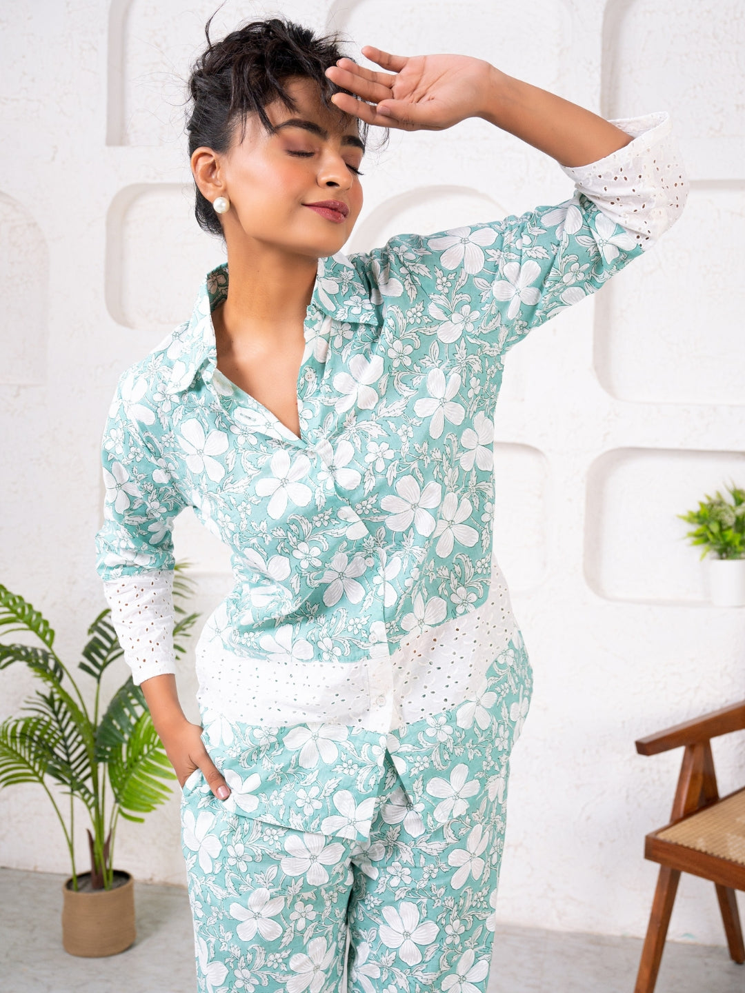 Cotton Printed Green With Shiffli Detailing Co-Ord Set