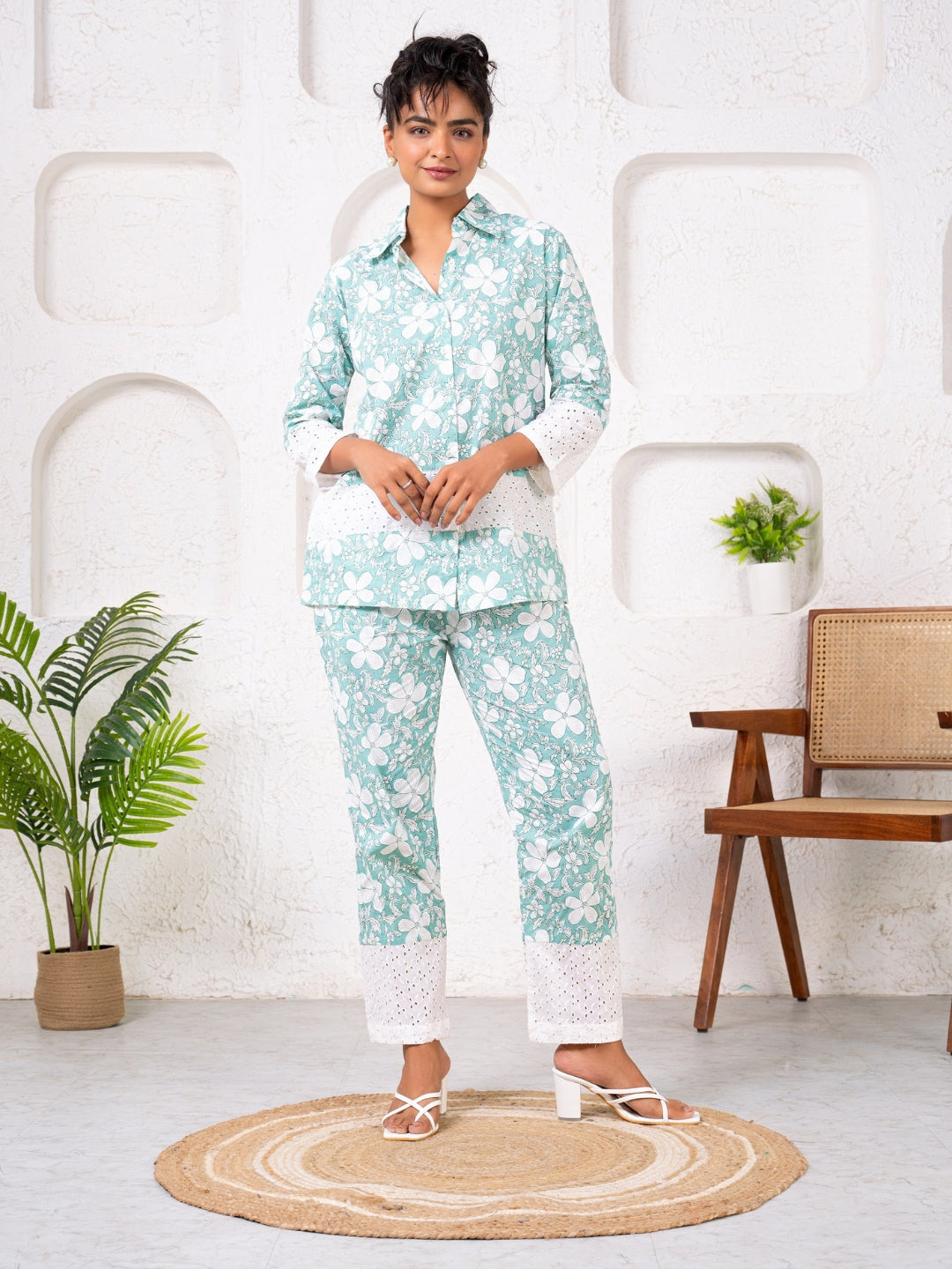 Cotton Printed Green With Shiffli Detailing Co-Ord Set