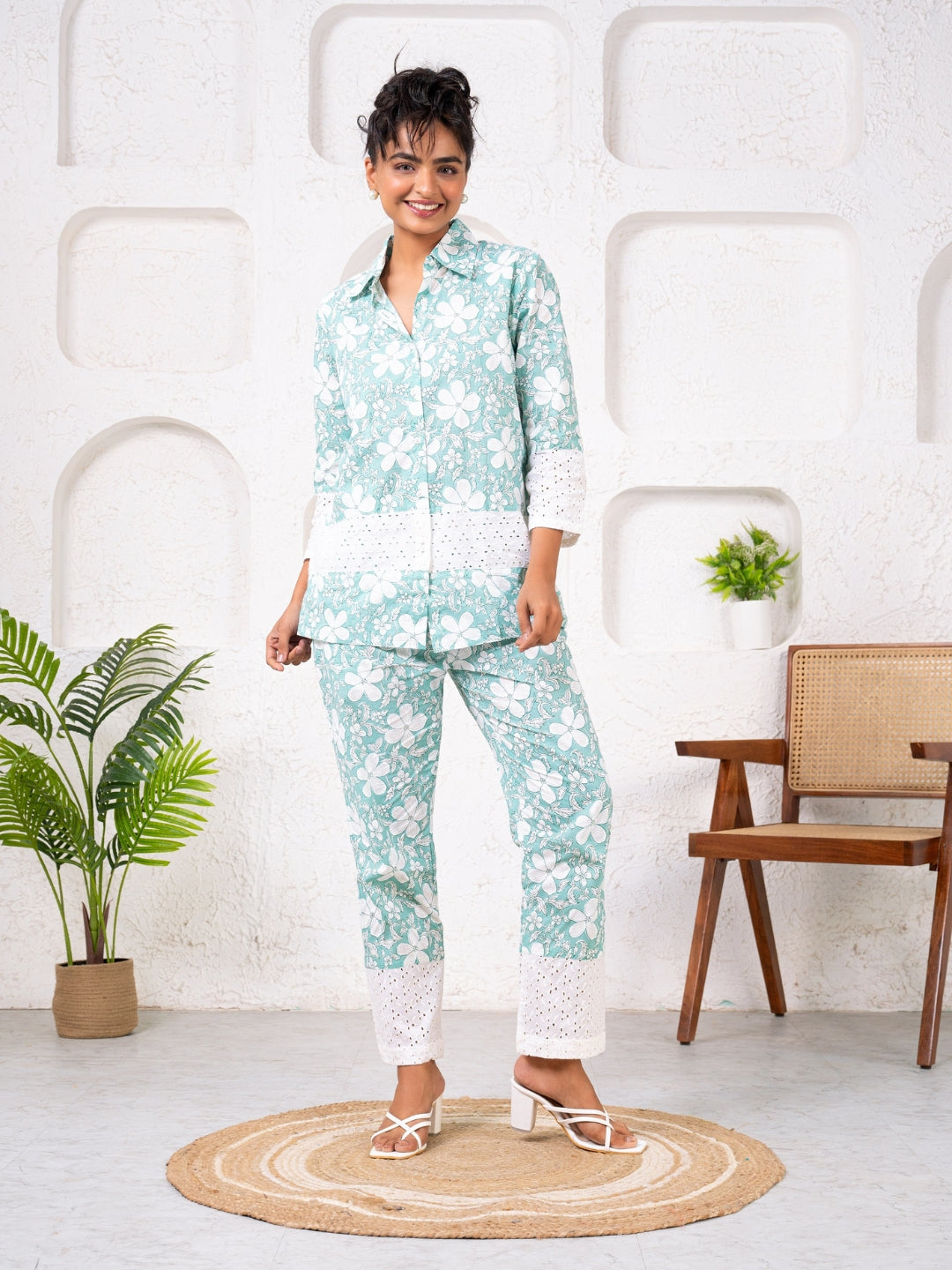 Cotton Printed Green With Shiffli Detailing Co-Ord Set