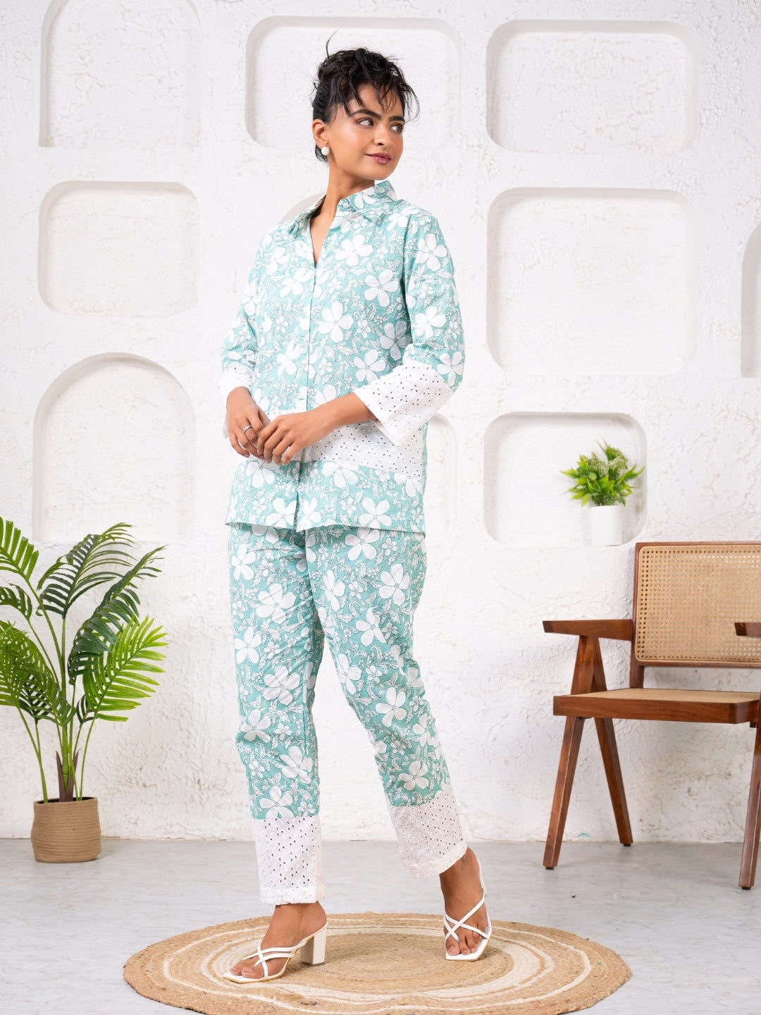 Cotton Printed Green With Shiffli Detailing Co-Ord Set