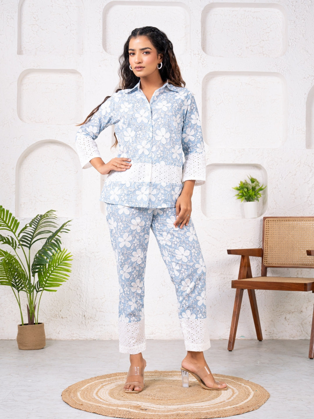 Cotton Printed Blue With Shiffli Detailing Co-Ord Set