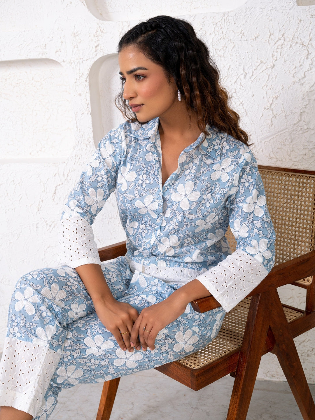 Cotton Printed Blue With Shiffli Detailing Co-Ord Set