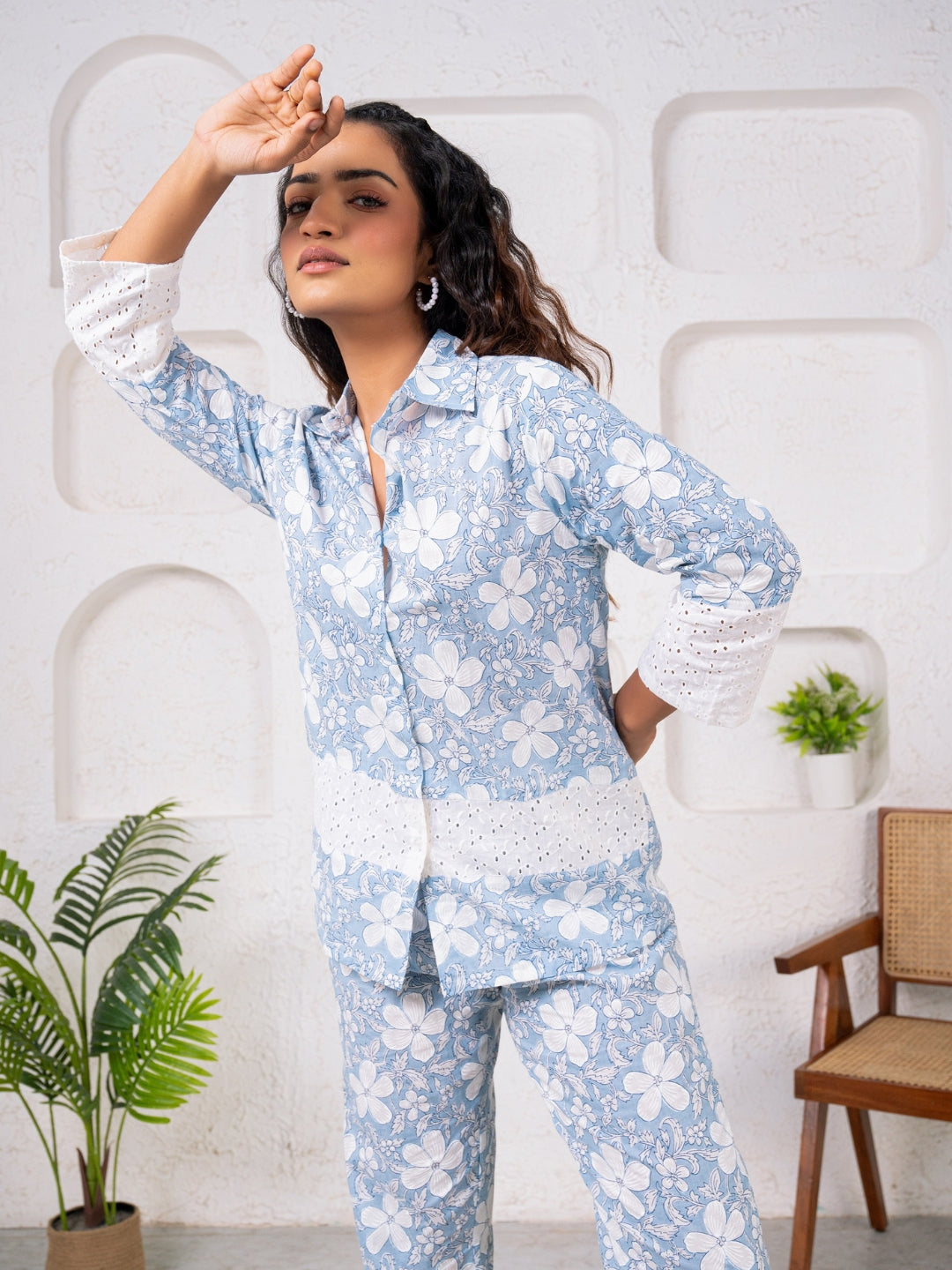 Cotton Printed Blue With Shiffli Detailing Co-Ord Set