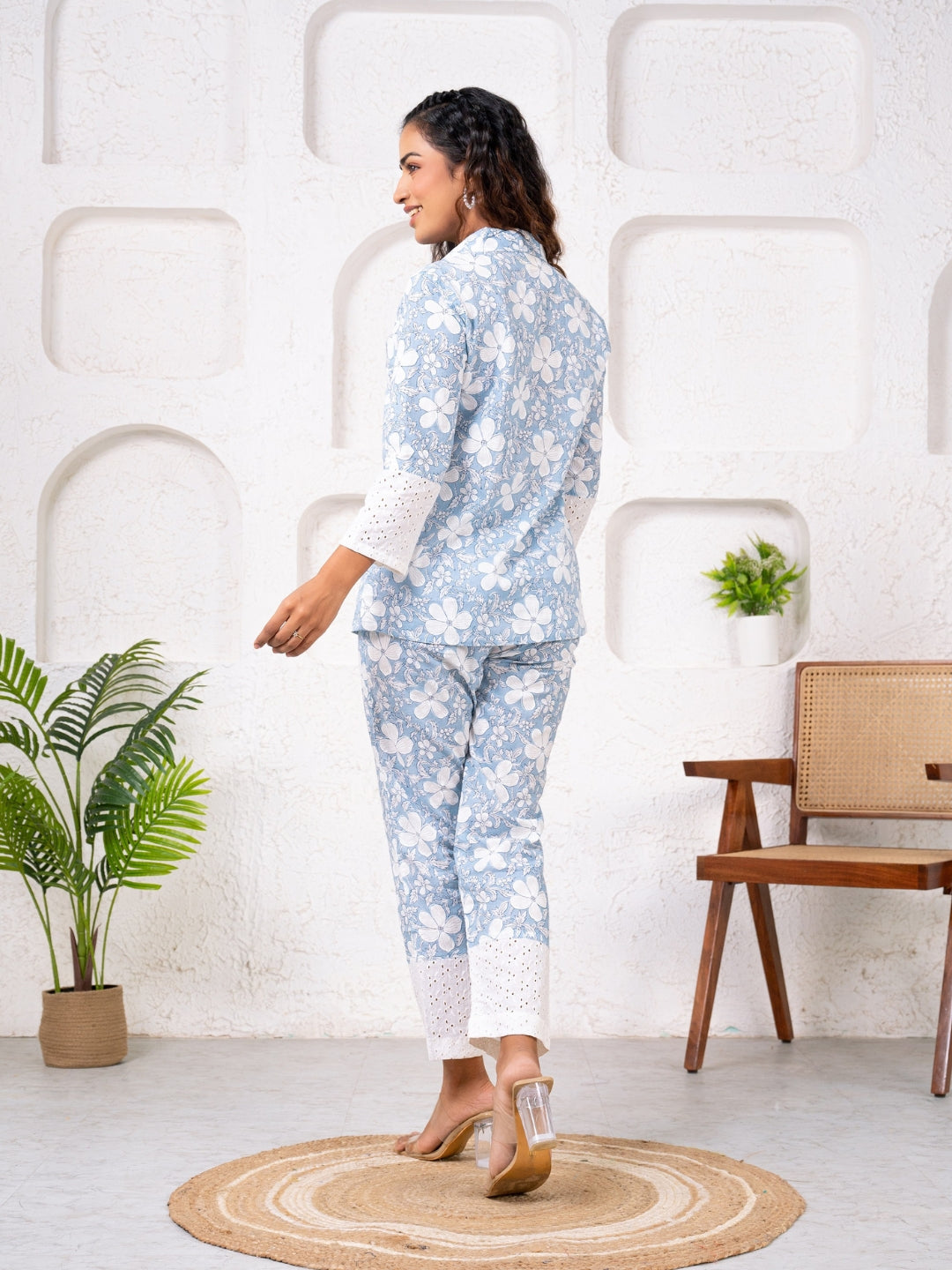 Cotton Printed Blue With Shiffli Detailing Co-Ord Set